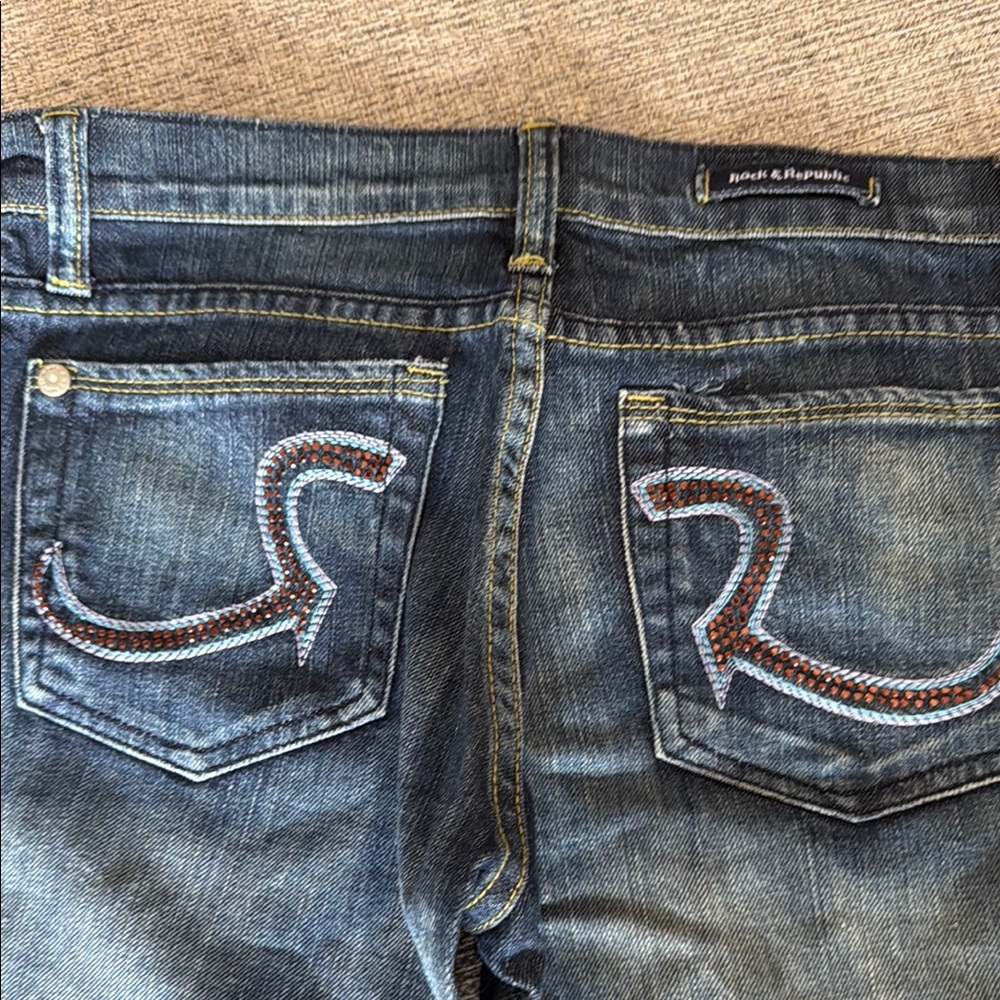 Rock & Republic Blue Flare Jeans with Distinctive Pocket Design